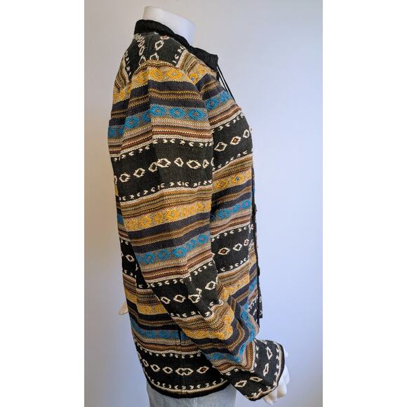VTG Flashback Jacket Blazer Large Black Woven Cotton Ethnic Boho Aztec Beaded - Picture 5 of 11